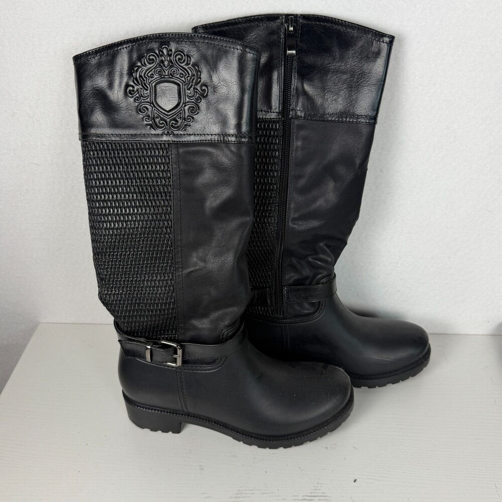 Snow Tec Women’s 6.5 Black Tall Riding Boots Buckle Zip Woven Crest Moto